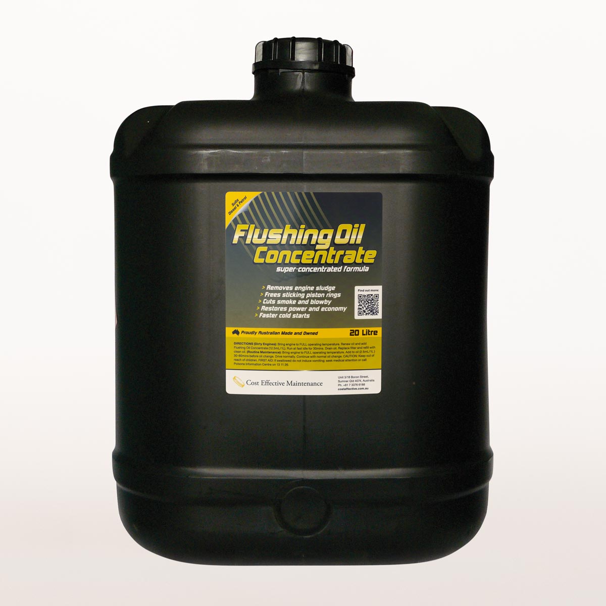 A black plastic container labeled 'Flushing Oil Concentrate', with a capacity of 20 Litres.